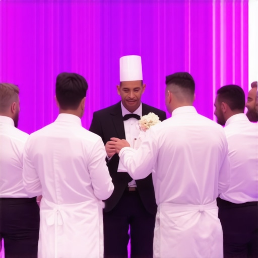 Private chef receiving recognition from wedding hosts in a sophisticated venue.