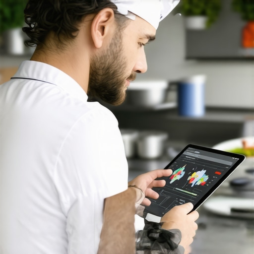 Chef reviewing digital market data and supply chain analytics on a tablet in a contemporary culinary setting.