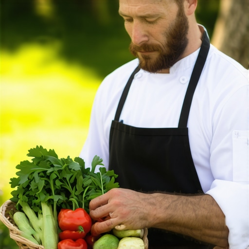 Chef inspecting organic vegetables at a farm for wedding catering.