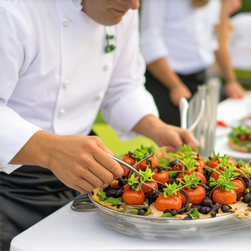 Culinary Artistry in Outdoor Event Setting Private chef elegantly plating gourmet food at an outdoor wedding setup.