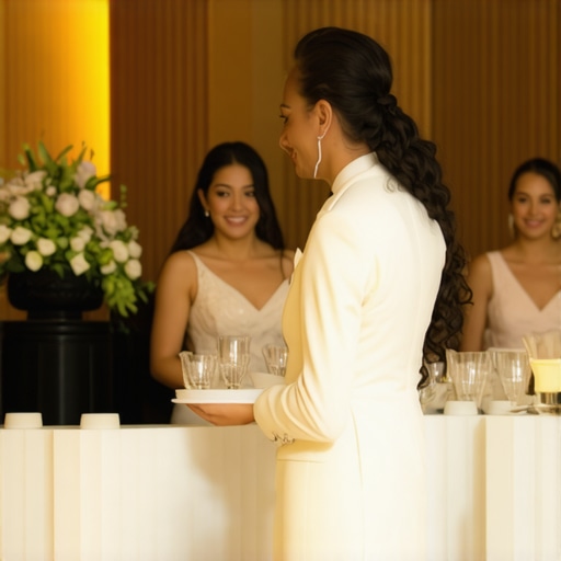Culturally Attuned Server in Wedding Setting Wedding server attentively helping a guest in a diverse cultural wedding