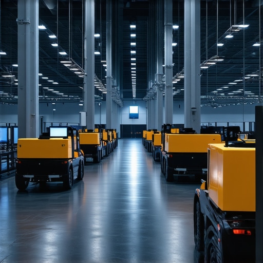 A modern logistics hub showcasing autonomous vehicles and digital dashboards for event delivery management.