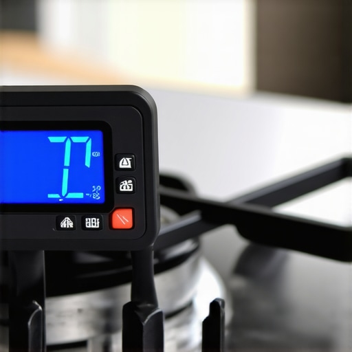 Thermometer and calibration device used on a professional stove indicating precise temperature measurement.