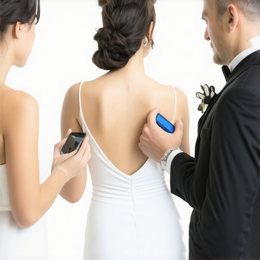 Wedding servers equipped with modern communication tools in a sophisticated venue