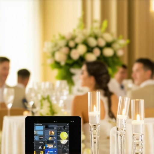 Discreet Monitoring at a Wedding Reception Elegant wedding reception with hidden monitoring devices subtly integrated into decor