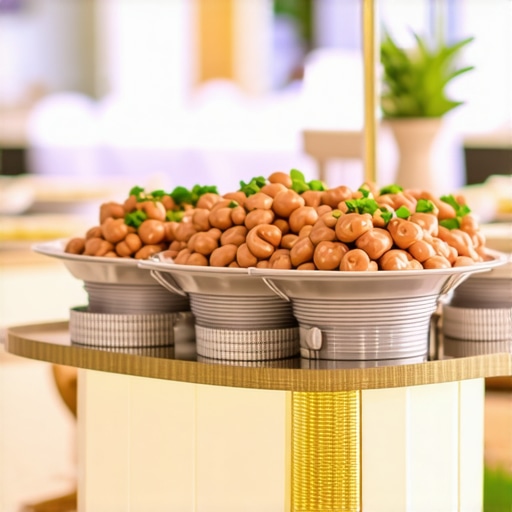Elegant Wedding Buffet Setup Catering staff assembling wedding buffet with modular displays in a luxurious hall
