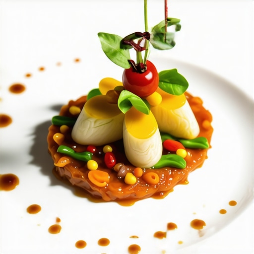 Gourmet wedding dish with seasonal greens and artistic plating.