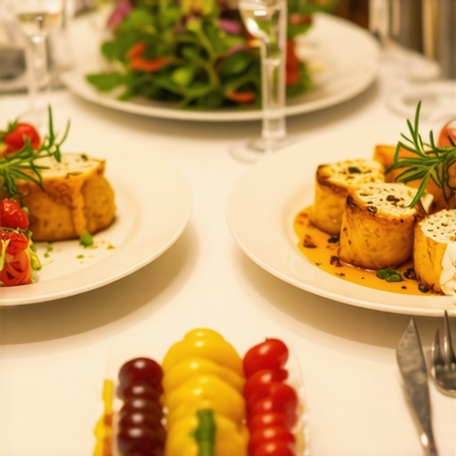 A luxurious wedding plate showcasing gourmet dishes with artistic plating.
