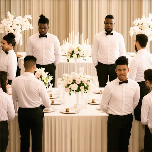 Elegant teamwork in wedding catering logistics Wedding servers communicating and coordinating with delivery personnel during a formal event.