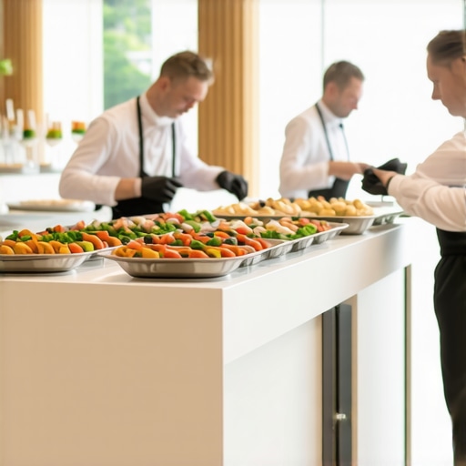 Elegant wedding buffet setup by professional catering team Catering professionals arranging a sophisticated wedding buffet with modular display units in a grand hall.