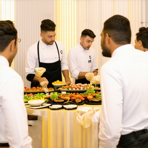 Elite Catering Team in Action Catering staff coordinating at an upscale event, emphasizing teamwork and professionalism.