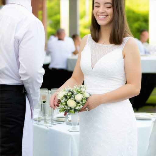 Wedding servers in elegant attire coordinating service at an outdoor ceremony