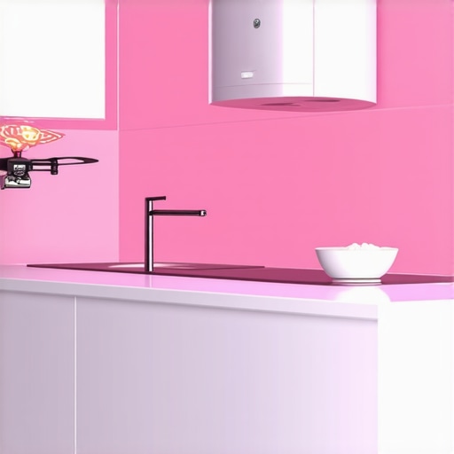 Future of Wedding Catering Technology Smart kitchen with delivery drones in a wedding setting.