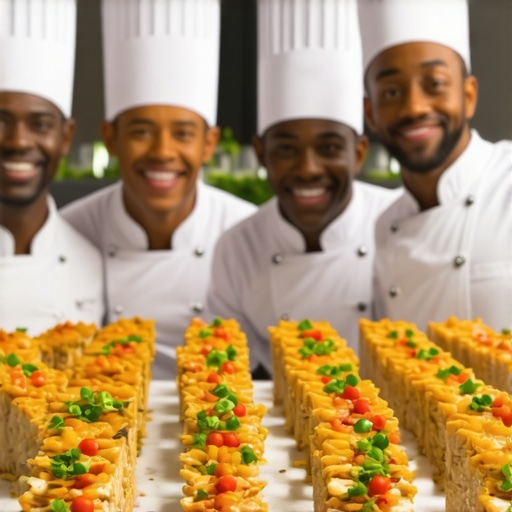Futuristic Corporate Catering Environment A high-tech corporate catering setup with private chefs, professional servers, and advanced delivery logistics