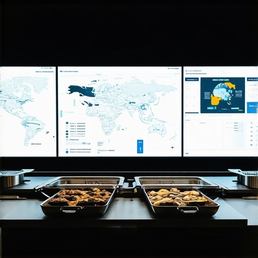 Futuristic Wedding Event Control Center An advanced control room monitoring wedding catering logistics with digital dashboards and environmental sensors.