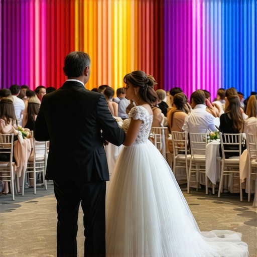 An avant-garde wedding venue featuring augmented reality decorations and tech-enabled service stations.