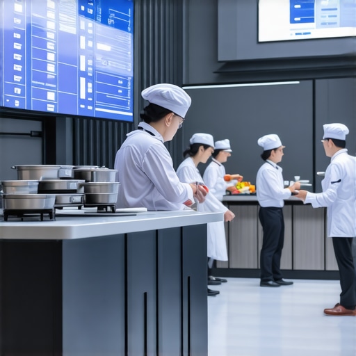Advanced wedding catering kitchen with robots and digital displays