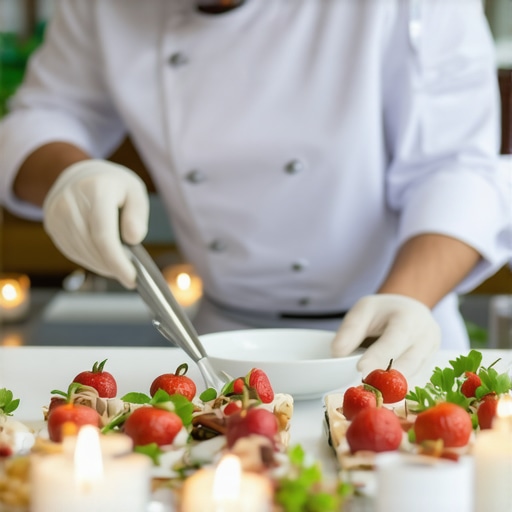Gourmet Wedding Cuisine in an Opulent Setting Private chef and servers at a high-end wedding preparing and serving gourmet dishes with advanced delivery tools.