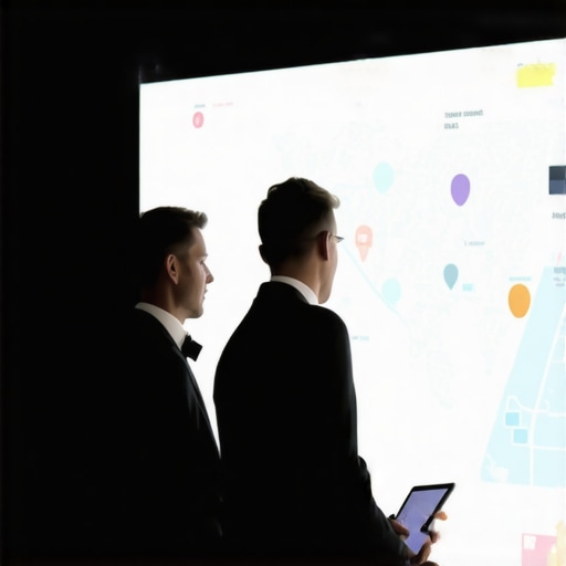 Event staff at a luxury wedding venue coordinating with digital tools and spatial maps.