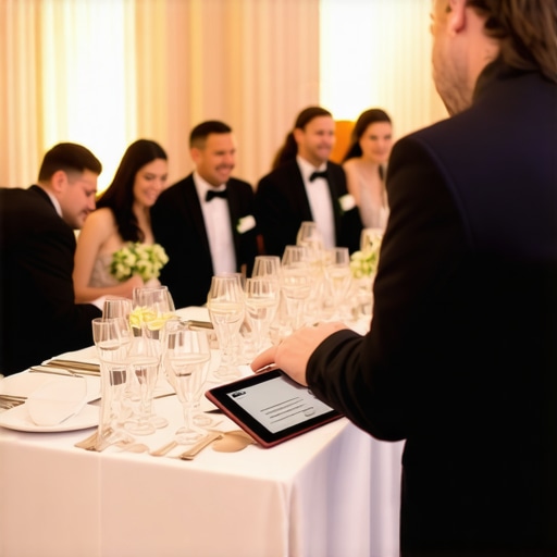 Wedding staff using digital tablets and communication devices during upscale event