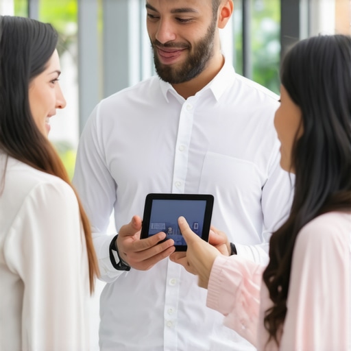Staff using wearable communication devices during a lavish event.