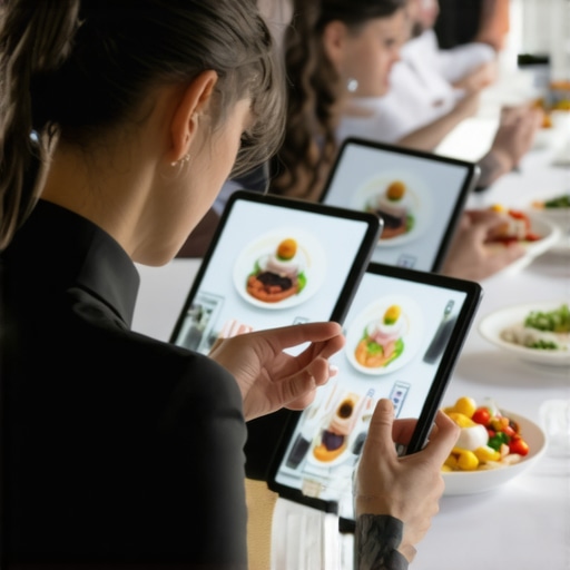 Catering staff utilizing tablets and augmented reality displays during a wedding reception.