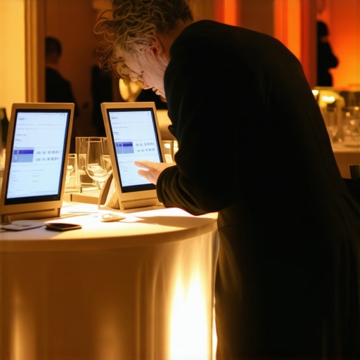 High-Tech Wedding Reception Interactions Guests using digital menus and AI assistants at a modern wedding event