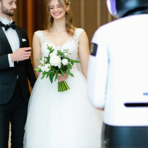 Wedding staff using smart devices and autonomous delivery robots in an elegant reception