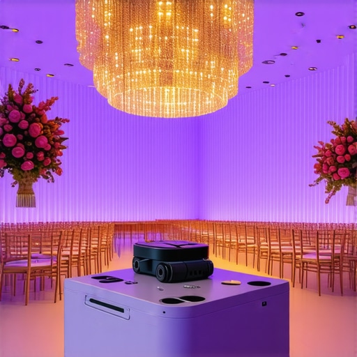 High-Tech Wedding Venue Integration Futuristic wedding venue with IoT sensors and autonomous delivery systems.