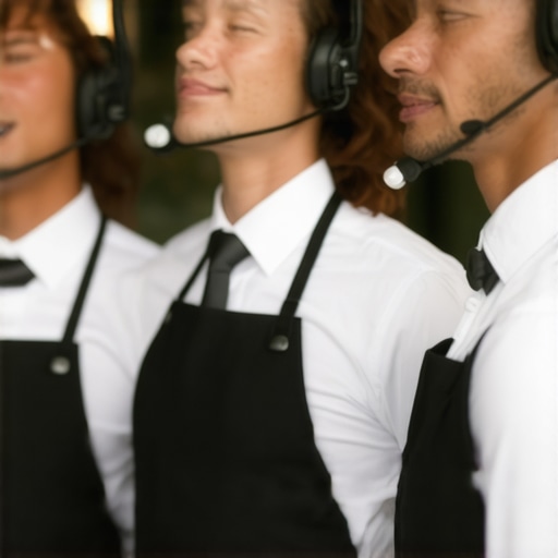 Sophisticated catering staff communicating via headsets at wedding event