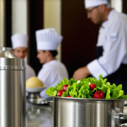 Modern wedding catering kitchen with smart appliances and professional chefs