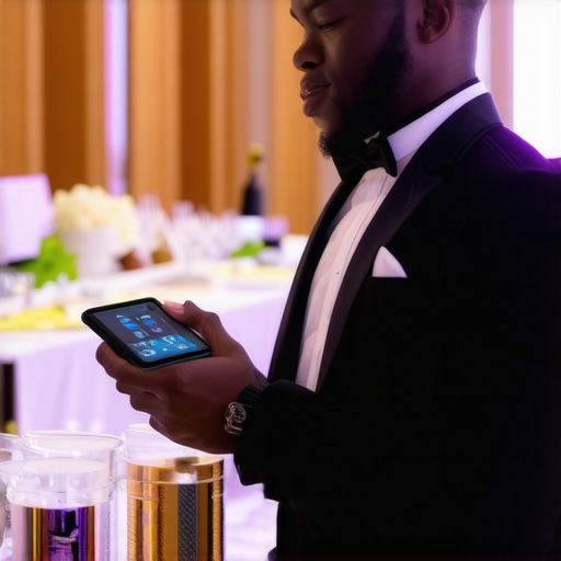 Waitstaff utilizing wearable technology during a wedding reception, showcasing modern event service innovation.