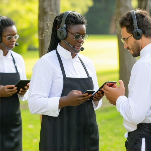 High-tech catering coordination at outdoor wedding Catering team with tablets and headsets coordinating at outdoor wedding venue