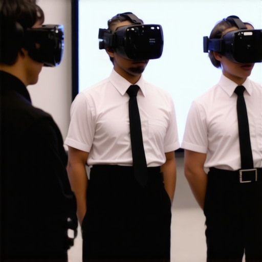 High-tech hospitality staff VR training session Hospitality staff practicing service skills using virtual reality technology in a training room.