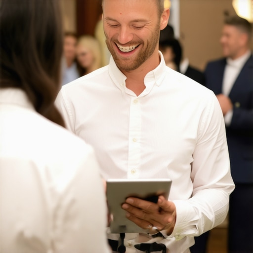 Wedding servers managing tables with digital devices in a luxurious setting