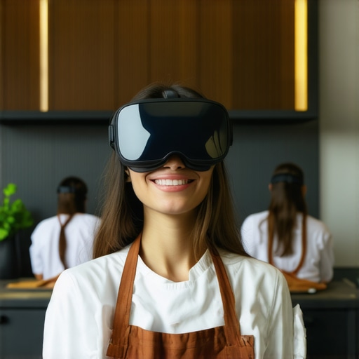 Catering staff engaging in virtual reality training session in a high-tech kitchen.