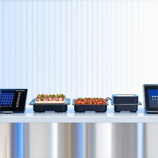Smart catering setup featuring temperature sensors, biometric data collection, and AI-powered service in a luxury event