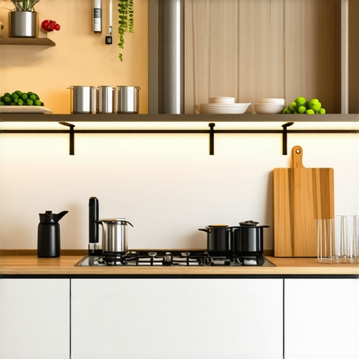Compact kitchen with space-saving appliances and vertical storage systems