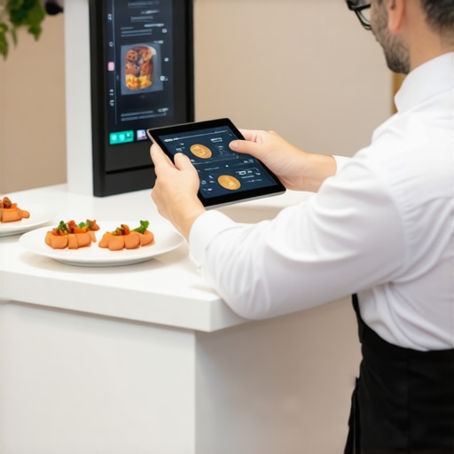 Innovative Wedding Catering Technology A sophisticated wedding venue showcasing real-time food delivery tracking and augmented reality tools for servers.