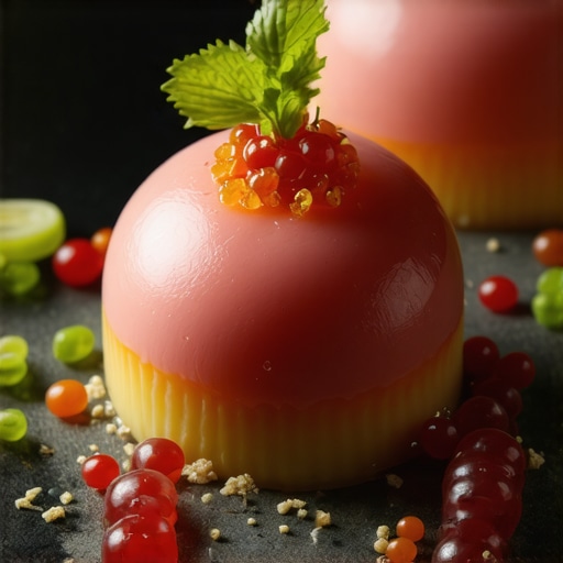 Innovative Wedding Cuisine Dessert featuring molecular gastronomy elements like spheres and foams on an elegant plate.