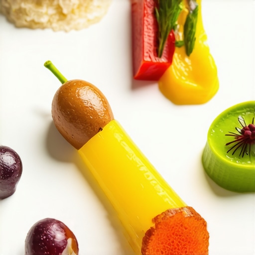 An elaborate wedding plate featuring edible sculptures, vibrant sauces, and textured elements, showcasing advanced presentation techniques.