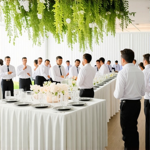 Wedding reception with modular stations and engaged staff