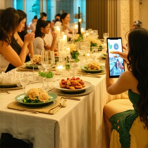 Guests engaging with augmented reality menus and visual storytelling overlays during a wedding reception