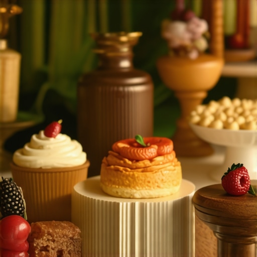 Luxurious Wedding Dessert Display Elegant wedding dessert presentation with intricate decorations and ambient lighting