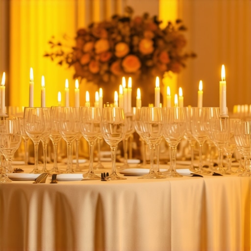 Luxurious Wedding Setup with Efficient Server Support Elegant wedding reception scene showcasing well-organized server stations and ambient lighting