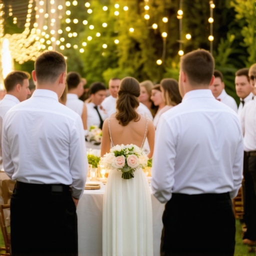 Servers providing attentive service at an outdoor wedding in a garden setting.