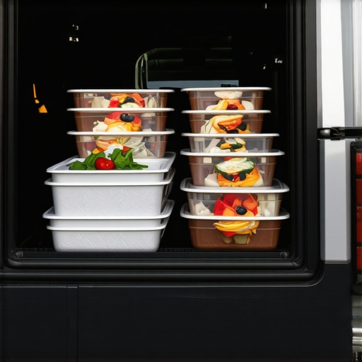 A professional delivery vehicle equipped with insulated containers transporting gourmet dishes for a high-end event.