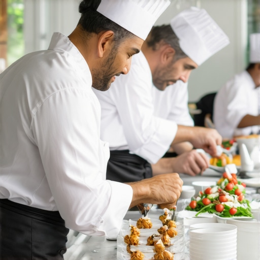Luxury Wedding Catering Preparation Chefs and servers working together in a sophisticated wedding kitchen with elegant table settings.