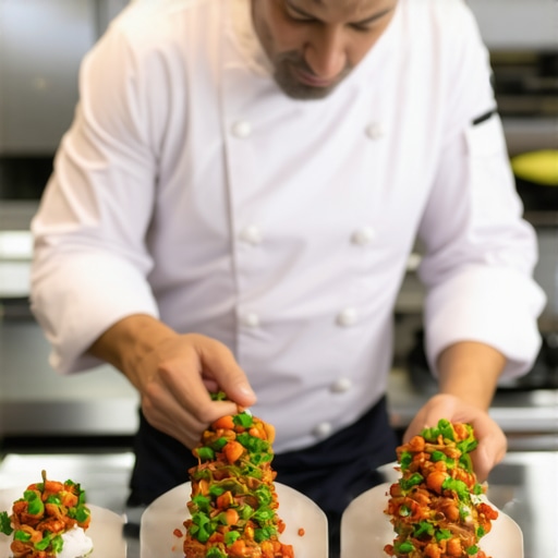A skilled chef arranging elegant dishes for a wedding event.