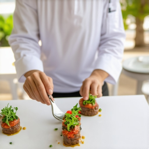Luxury Wedding Culinary Preparation Private chef crafting exquisite dishes at a sophisticated outdoor wedding event.